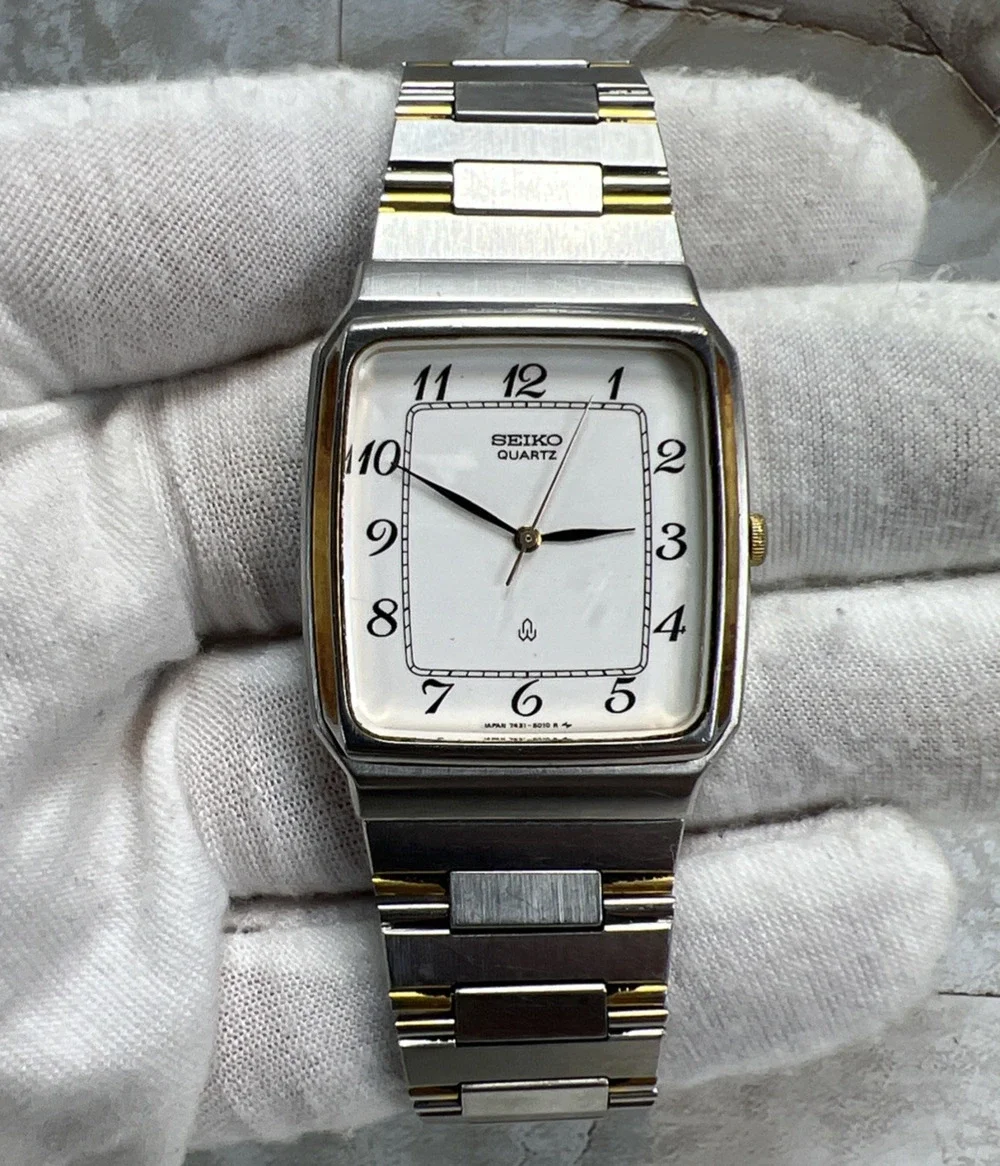 Vintage Seiko Men's Tank Watch 7431-5010 Two Tone Band 2 Jewels TESTED - READ